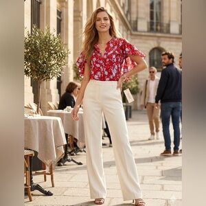 Alexis 100% Silk Danijela Red Blue Floral Cape Back Ruffle Blouse M